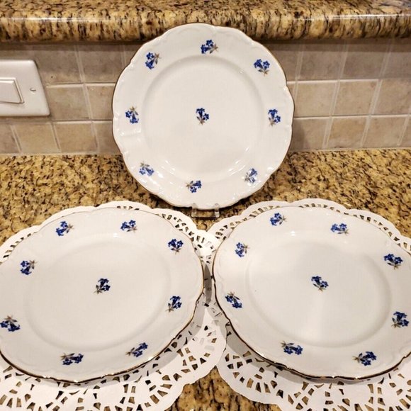 Bareuther Plates Set Of 3 Bavaria US Zone 1946 - 1949 Germany Blue Floral Gold - Picture 2 of 5